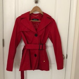 Red hooded raincoat with belt